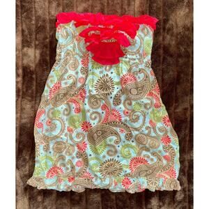 Bag Lady Mudpie Aqua Blue, Red, Brown Paisley Linen Red Ruffle Strapless Top FS